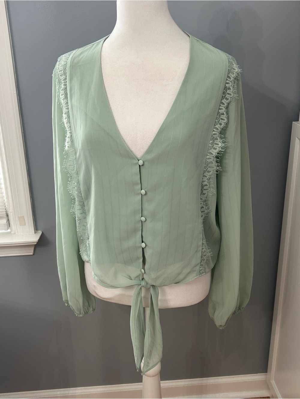 NWT WAYF Sage Green Lace Trim Tie Front Blouse Sheer Sleeve Cropped Top Large